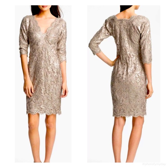 Tadashi Shoji Cocktail Dress Sequin Lace Embroidery Appliquéd Sand Beige Sz 8 - Picture 15 of 15